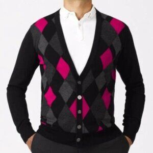 IAN POULTER / 100% Merino Wool Shapeshifter Cardigan Golf Sweater Argyle Mens L
